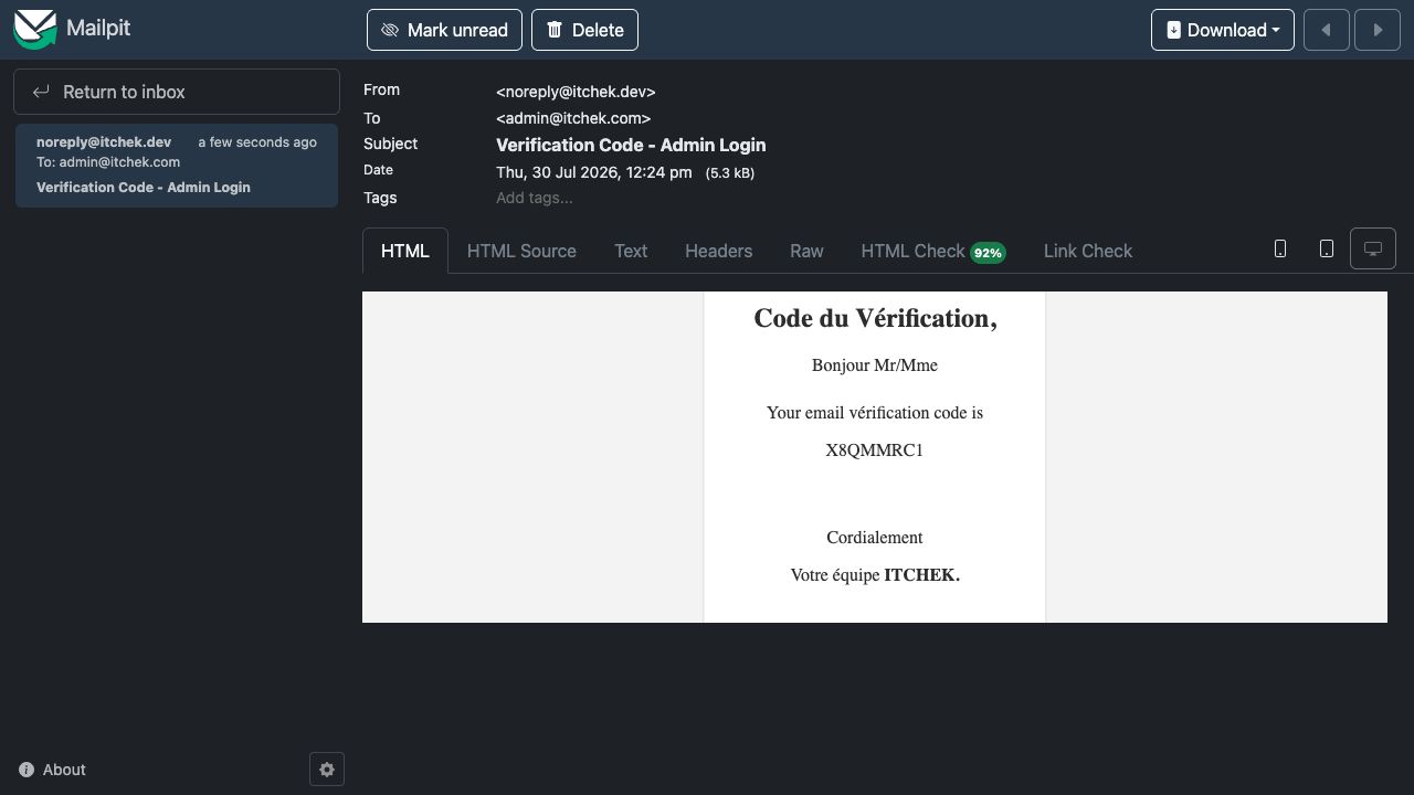 E-mail OTP reçu dans Mailpit