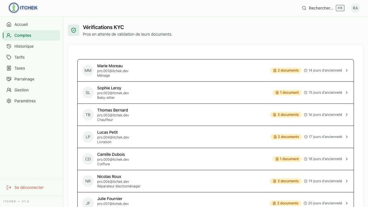 File de vérification KYC sous forme de liste compacte