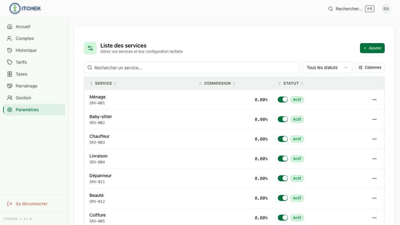 Liste des services avec quatre colonnes essentielles