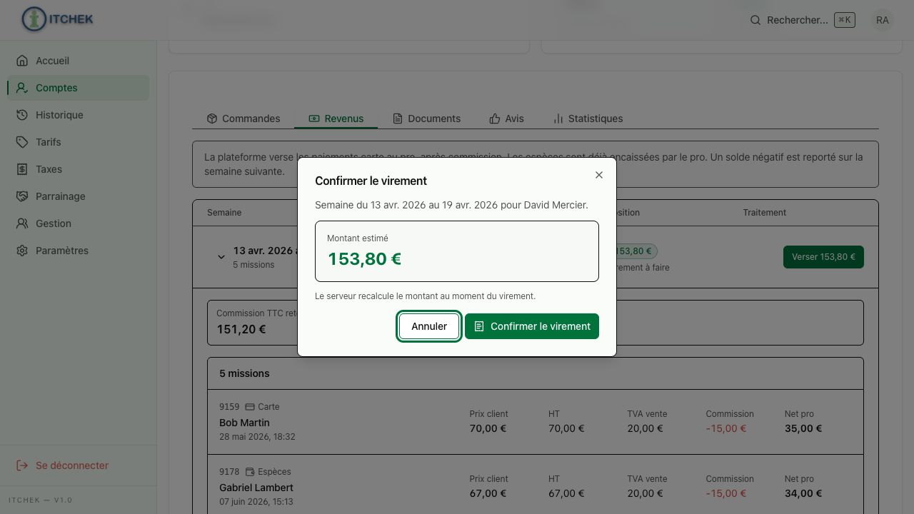 Boîte de confirmation d’un virement professionnel